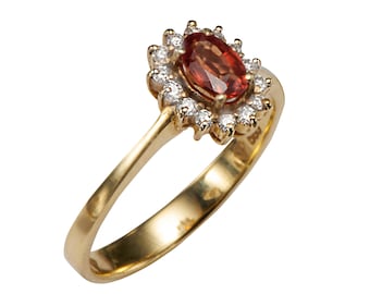 0.48 carat Oval Orange Sapphire Ring with Diamond Halo, 14 Karat Yellow Gold, Edwardian Engagement Ring | Wedding ring for Women