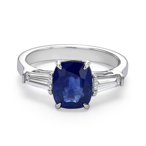 Unique engagement ring, three stone engagement ring sapphire,  3 Carat Sapphire diamond ring, Platinum blue sapphire baguette side diamonds