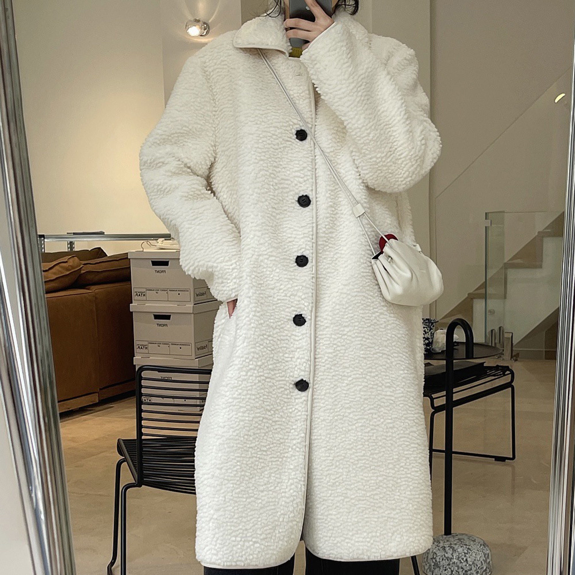 Oversized Faux Fur Teddy Bear Sherpa Coat, S / White
