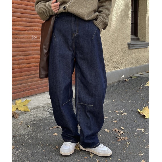 Indigo Denim Baggy Fit Long Pants Loose Fit Jeans Wide Leg Tapered