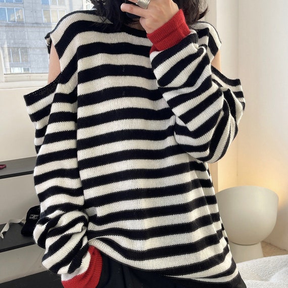 Cold Shoulder Striped Sweater Open Cut 