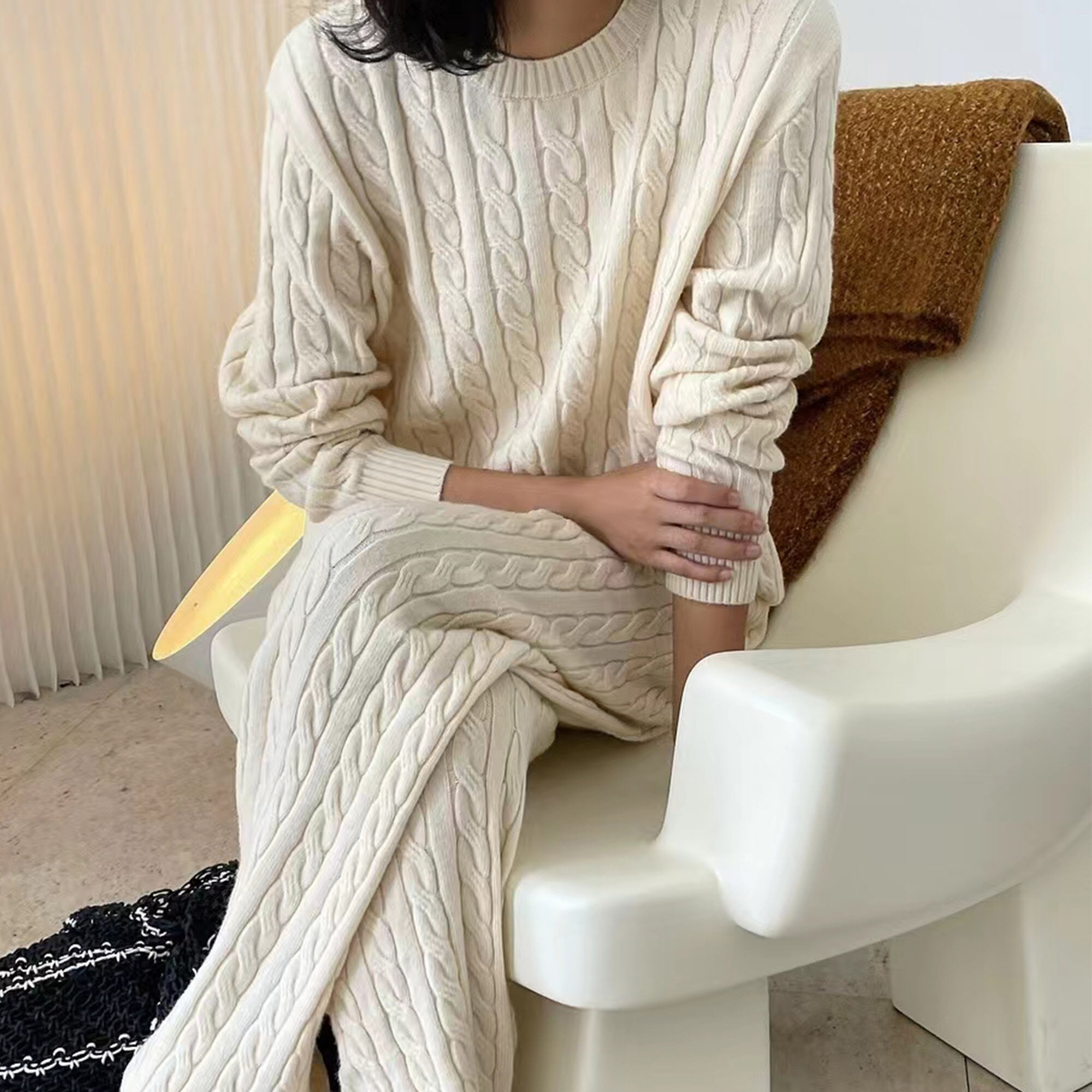 Knit Suit for Women. Matching Set of Highneck Sweater and Loose High Waist  Pants. Oversized Turtleneck Sweater. Knit Pants and Sweater. 