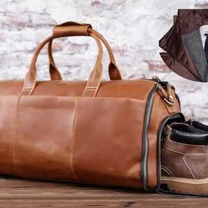 Personalized Leather Garment Duffle Bag, Carry-on Duffel Bag, Hanging Clothes Bag, Weekend Flight Bag with Shoe Pouch, Best Man Gift for Him