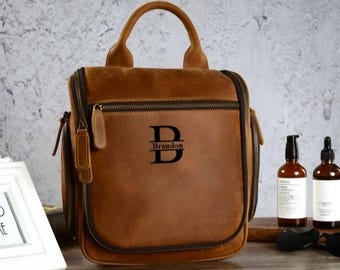 Personalized Full Grain Leather Hanging Toiletry Bag, Dopp Kit