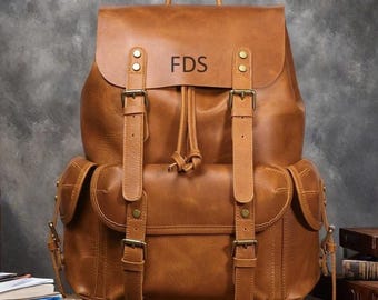 Personalized Leather Laptop Backpack for Men Travel Bag