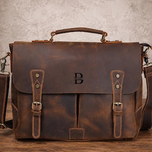 Bolsa mensageiro rústica de couro legítimo, bolsa para laptop em couro, pasta masculina estilo pasta transversal, presente para o Dia dos Pais.