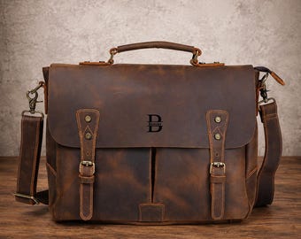 Full Grain Rustic Leather Messenger Bag, Leather Laptop Bag, Men Briefcase Satchel Crossbody Bag, Father's Gift for Him