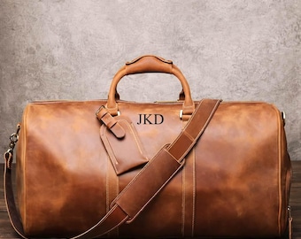 Personalized Leather Duffel Bag, Duffle Bag with Shoe Compartment
