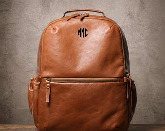 Personalized Full Grain Leather Laptop Backpack, Man Travel Backpack