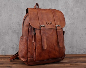 Full Grain Leather Backpack, Personalized Laptop Travel Backpack