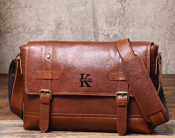 Personalized Full Grain Leather Messenger Bag, Laptop Briefcase Shoulder Bag