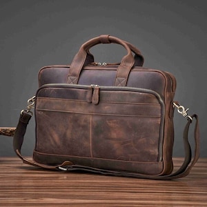 Personalized Vintage Leather Briefcase, Messenger Bag, Men Leather Shoulder Bag, Leather Laptop Bag, Best Valentines Day Gift for Him Dark Brown + L size