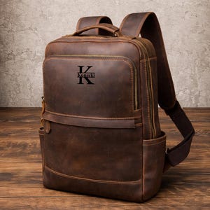Personalized Cowhide Leather Laptop Backpack, Monogrammed Travel Backpack