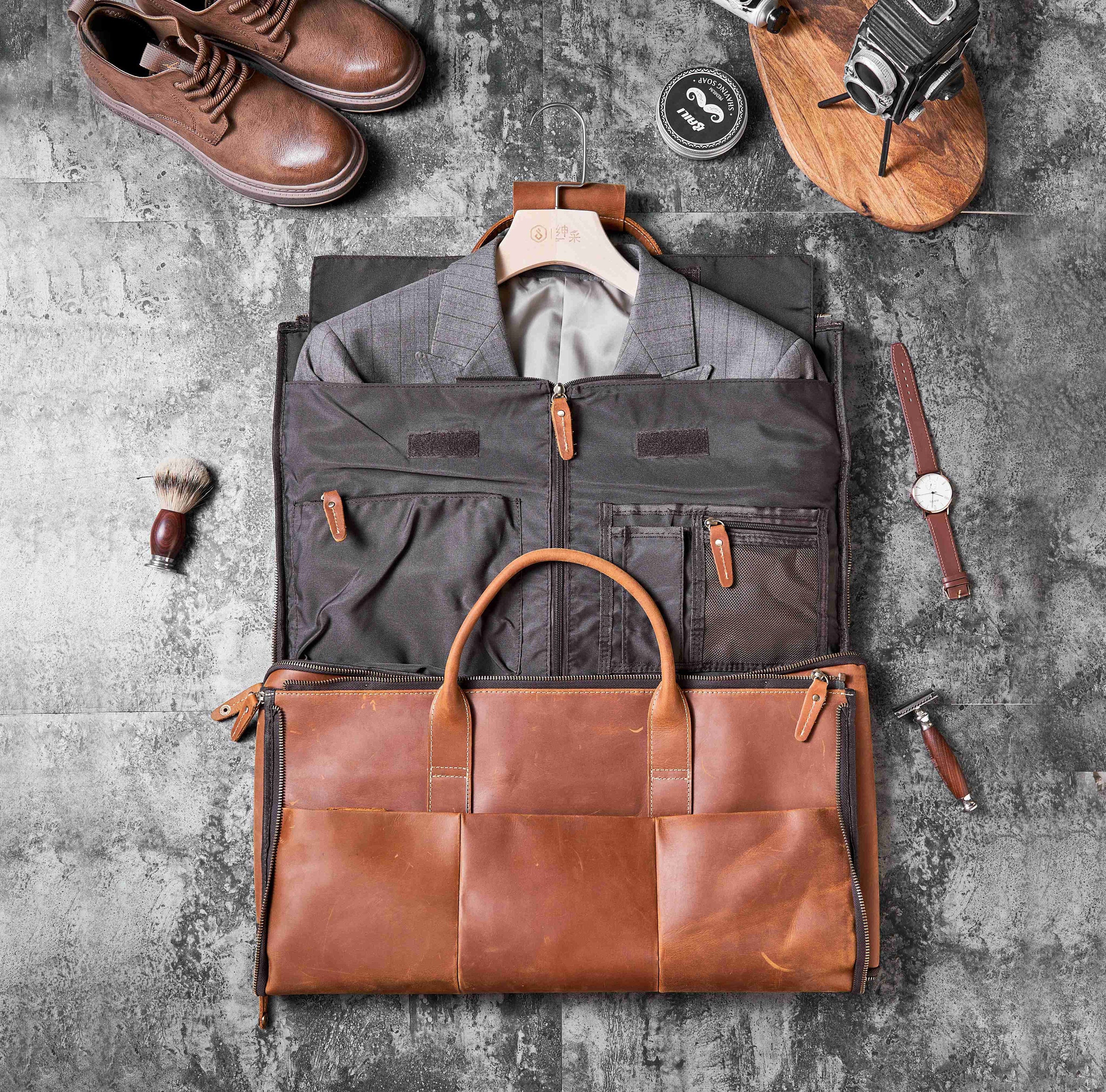 Leather Garment Duffel Weekend Travel Bag With Shoe Pouch, Personalized  Leather Duffle Flight Bag Hanging Clothes Bag, Groomsmen Gift Bag 