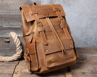 Handmade Full Grain Leather Laptop Backpack, Personalized Travel Rucksack