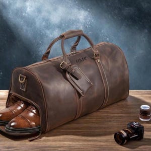 Personalized Leather Duffle Bag, Leather Duffel Bag with shoe Compartment, Leather Weekend Bag, Overnight Travel Bag, Best Man Gift for Him