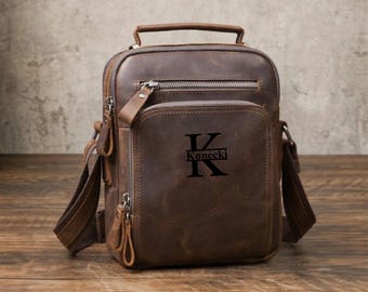 Men's Vintage Leather Crossbody Bag, Small Messenger Shoulder Bag