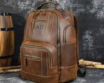 Mochila personalizada em couro legítimo de 15,6" para laptop, marrom escuro.