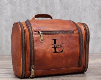 Personalized Leather Hanging Toiletry Bag, Shaving Dopp Kit, Travel Organizer