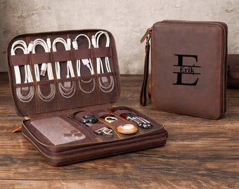 Personalized Leather Cable Organizer, Travel Storage Bag, Travel Gadget Pouch, Gift for Him