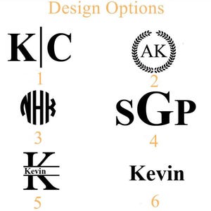 May include: Image featuring design options for personalization. Includes various monogram styles with letters and names, such as "KC", "AK", "SGP", and "Kevin". The text "Design Options" is at the top.
