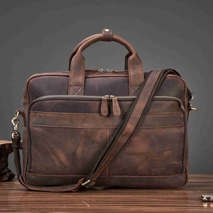 Personalized Vintage Leather Briefcase, Messenger Bag, Men Leather Shoulder Bag, Leather Laptop Bag, Best Valentines Day Gift for Him Dark Brown + S size