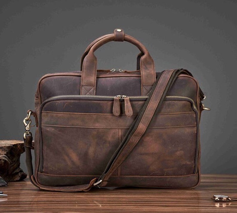 Personalized Vintage Leather Briefcase, Messenger Bag, Men Leather Shoulder Bag, Leather Laptop Bag, Best Valentines Day Gift for Him Dark Brown + S size