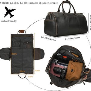 May include: A black leather duffel bag with a matching garment bag. The duffel bag is 21.65 inches long, 11.47 inches high, and 10.23 inches wide. The garment bag is 85 cm long and 50 cm wide. The bag is airline friendly.