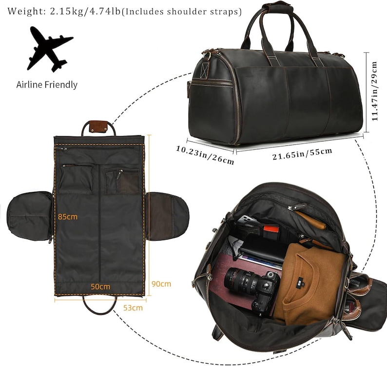 May include: A black leather duffel bag with a matching garment bag. The duffel bag is 21.65 inches long, 11.47 inches high, and 10.23 inches wide. The garment bag is 85 cm long and 50 cm wide. The bag is airline friendly.