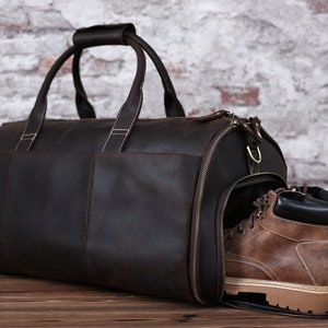 Leather Garment Duffel Weekend Travel Bag with Shoe Pouch, Personalized Leather Duffle Flight Bag Hanging Clothes Bag, Groomsmen Gift Bag