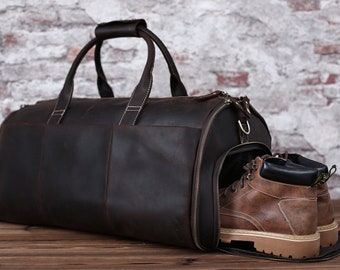 Leather Garment Duffel Weekend Travel Bag with Shoe Pouch, Personalized Leather Duffle Flight Bag Hanging Clothes Bag, Groomsmen Gift Bag