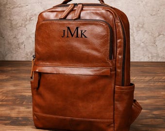 Personalized Leather Laptop Backpack, Man Travel Backpack
