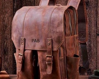 Personalized Full Grain Leather Backpack, Handmade Travel Laptop Rucksack