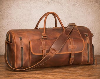 Personalized Full Grain Leather Duffel Bag, Weekend Travel Overnight Shoe Pouch