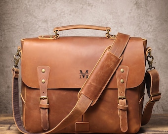 Full Grain Leather Briefcase Messenger Bag, Leather Laptop Bag, Men Satchel Bag, Father's Gift for Him