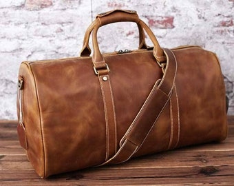 Handmade Full Grain Leather Duffle Bag, Personalized Travel Bag, Shoe Compartment