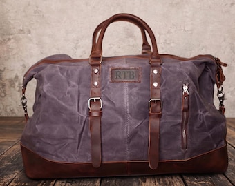 Personalized Waxed Canvas Duffle Bag, Leather Duffle, Overnight Holdall