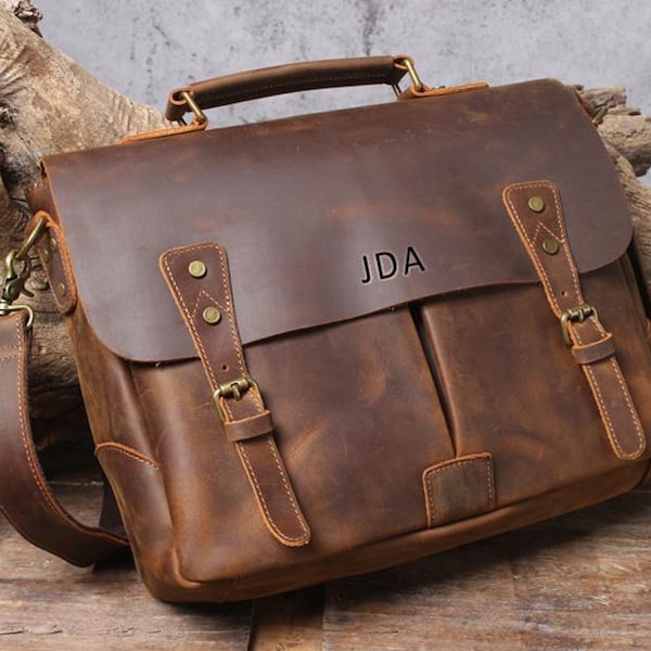 Full Grain Rustic Leather Messenger Bag, Leather Laptop Bag, Men Briefcase Satchel Crossbody Bag, Father's Gift, Christmas Gift for Him