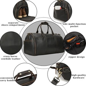 May include: A dark brown leather duffel bag with a separate shoe compartment and side multi-function pocket. Features include a zipper design, convenient carry handle, and high-quality hardware. The bag is made of crazy horse cowhide leather.