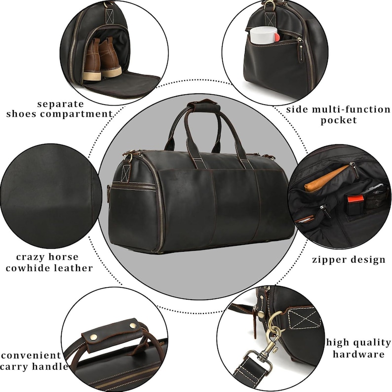 May include: A dark brown leather duffel bag with a separate shoe compartment and side multi-function pocket. Features include a zipper design, convenient carry handle, and high-quality hardware. The bag is made of crazy horse cowhide leather.