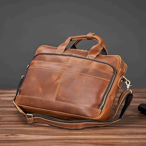 Personalized Vintage Leather Briefcase, Messenger Bag, Men Leather Shoulder Bag, Leather Laptop Bag, Best Valentines Day Gift for Him Vintage Brown + S