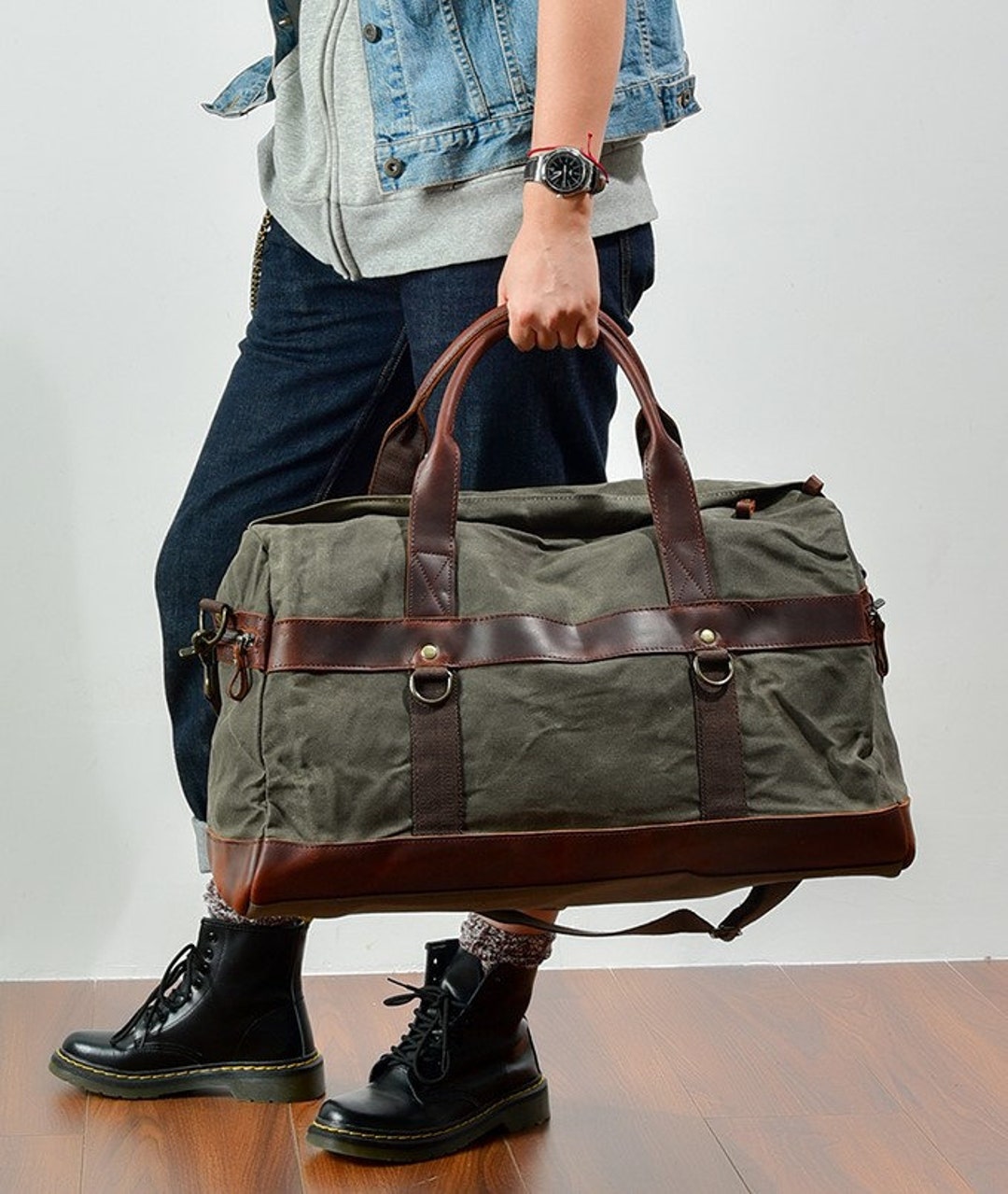 Personalized Waxed Canvas Duffle Bag, Canvas Overnight Bag, Holdall