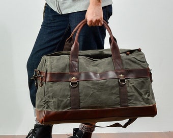 Personalized Waxed Canvas Duffle Bag, Canvas Overnight Bag, Holdall Luggage Carryon Bag, Travel Weekender Bag, Christmas Gift, Gift for Him