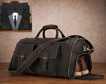 Full Grain Leather Garment Duffle Bag, Shoe Compartment, Personalized Travel Bag