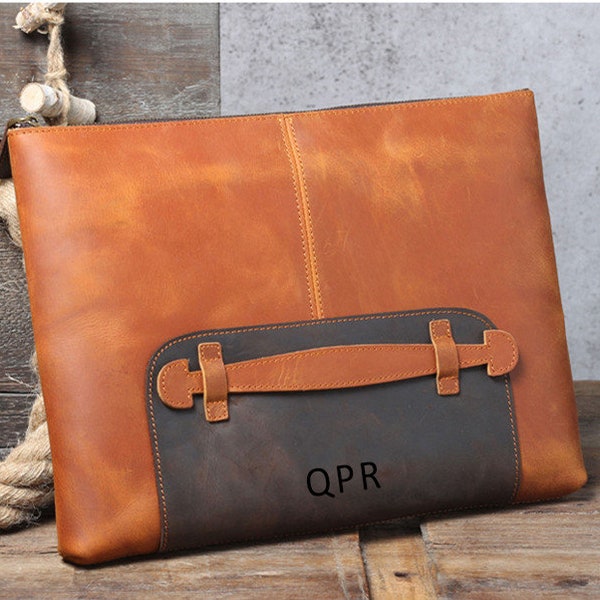 Groomsmen Gift Leather Clutch Personalized Leather Laptop Bag Custom Men Leather Document Bag Ipad Bag Best Man Gift