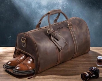 Personalized Leather Duffle Bag, Leather Duffel Bag with shoe Compartment, Leather Weekend Bag, Overnight Travel Bag, Best Man Gift for Him