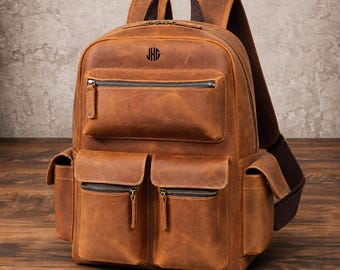 Vintage Leather Backpack for Men, Laptop Backpack, Multi Pocket Work Bag, Travel Rucksack, College Backpack, Gift for Him
