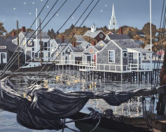 Donn Russell, Nantucket artist, Blue, Nantucket Harbor, Sailing ships, Night Sky, Starry Nights, American, Summer, Wharf Cottages, Nautical