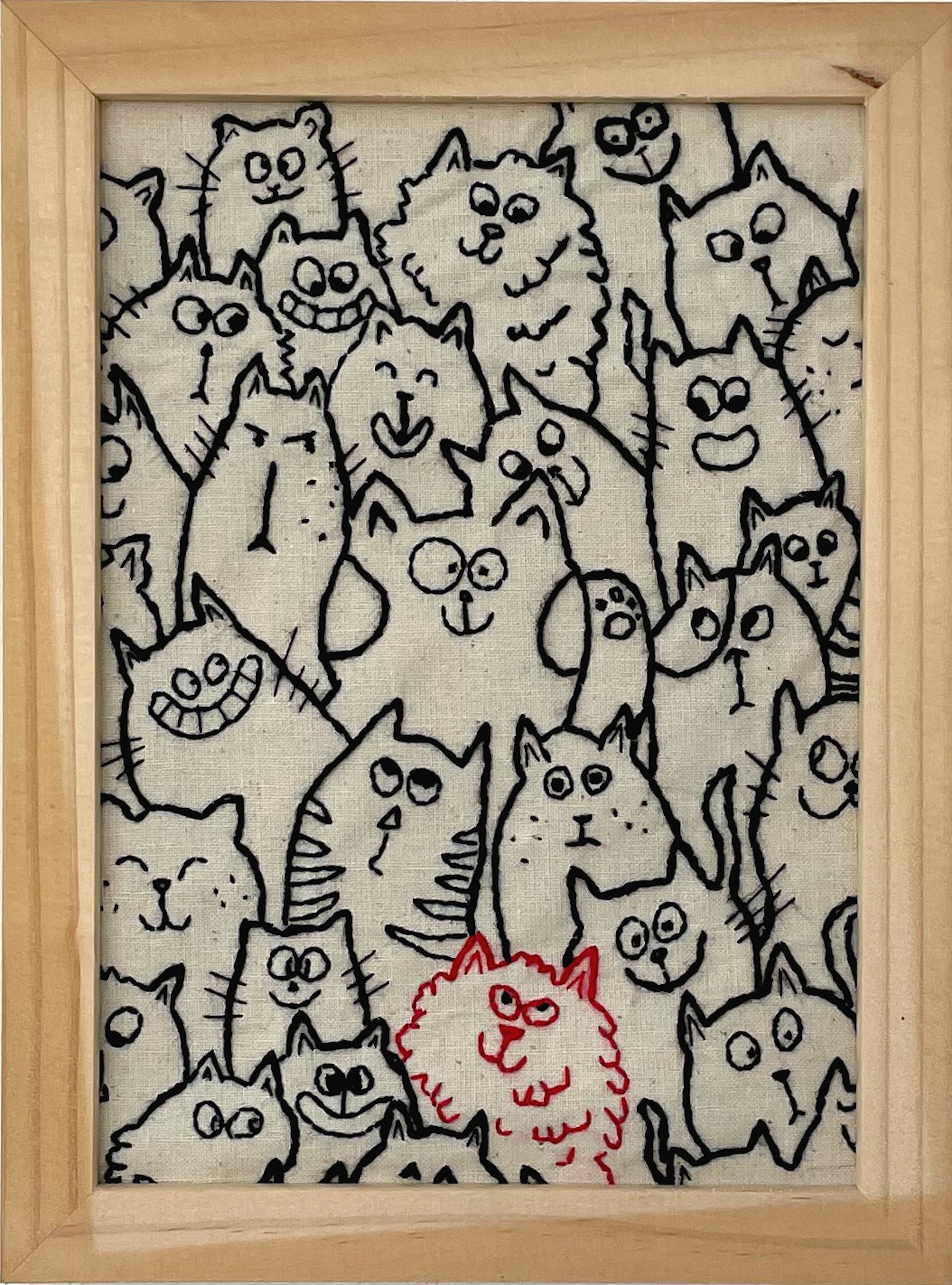 Tableau Textile Broderie Contemporaine Chats