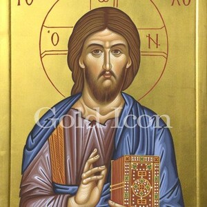 Icono de Nuestro Señor Jesucristo en pan de oro de 22 quilates, icono bizantino dorado sobre panel de madera